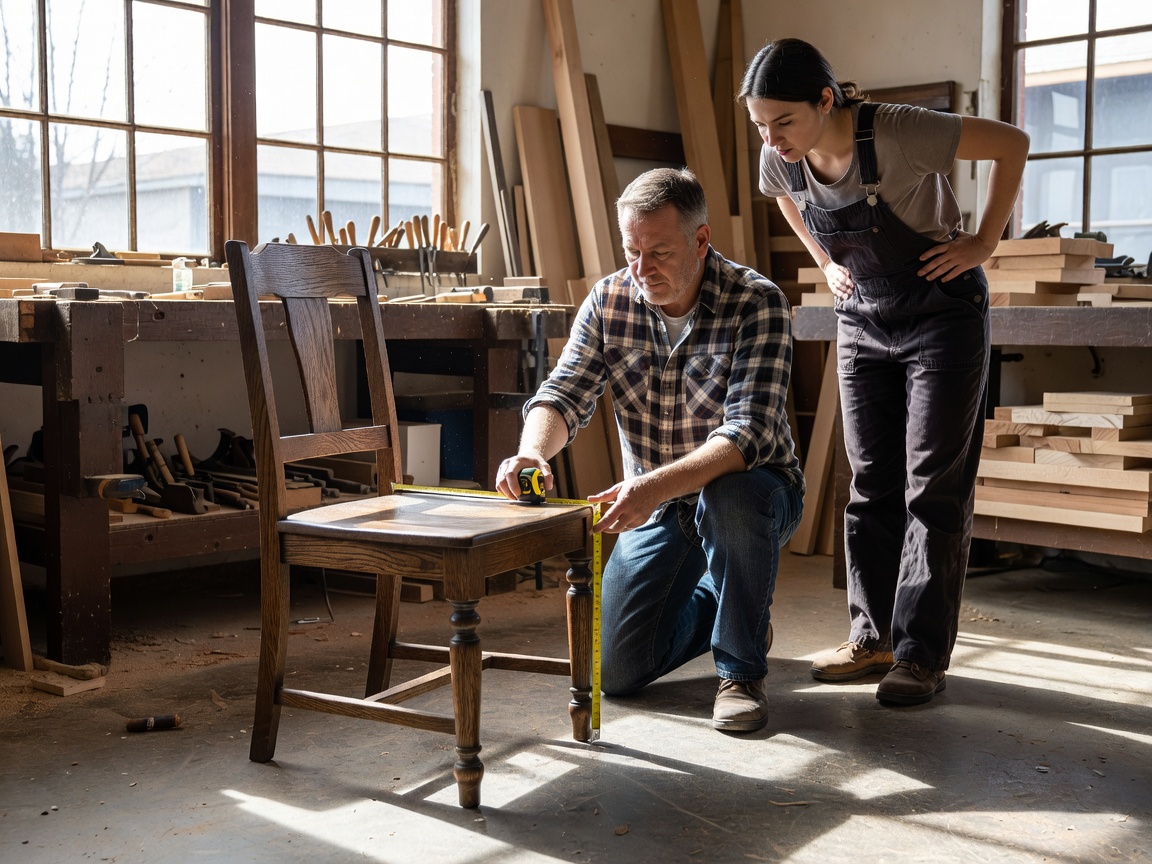 Two editors measuring the seat height of a wooden dining chair in a bright workshop