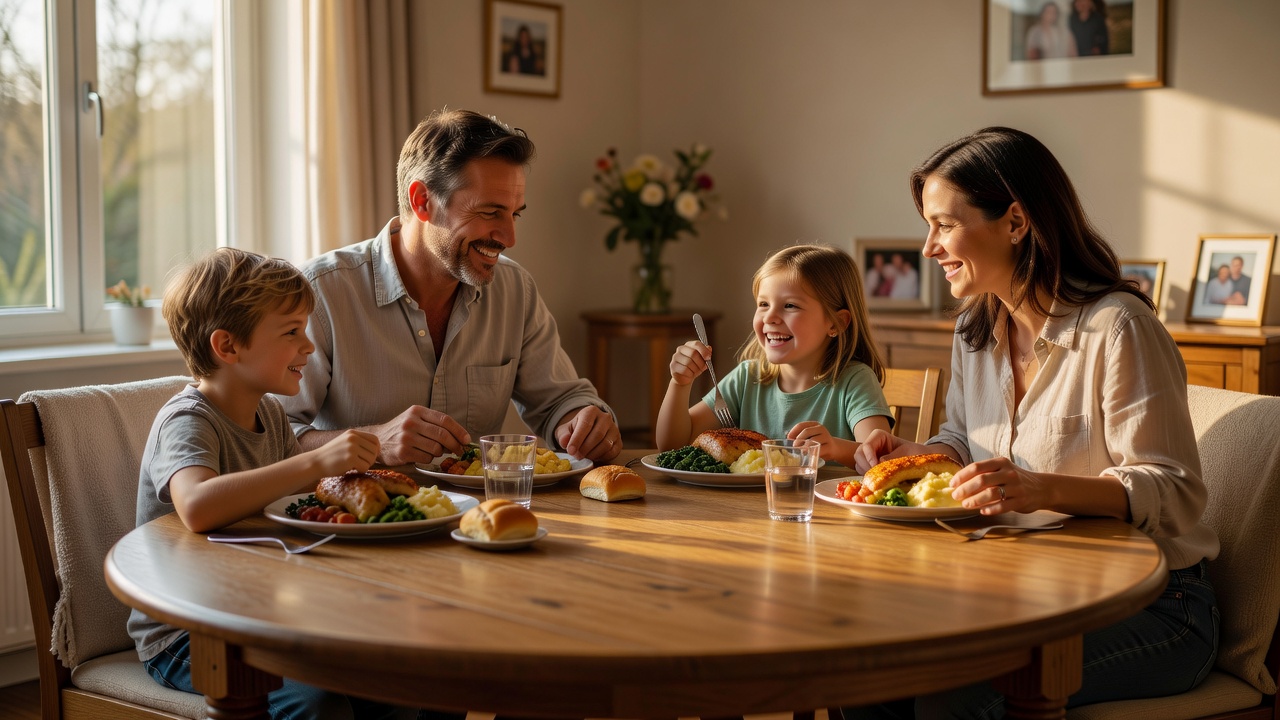 A family of four eating dinner around a round oak dining table in natural evening light