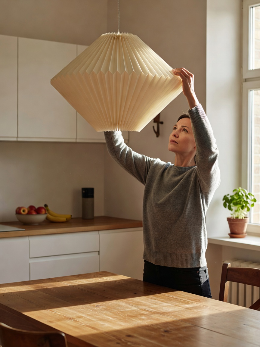 A woman reaching up to adjust a paper pendant lamp hanging over a wooden kitchen table