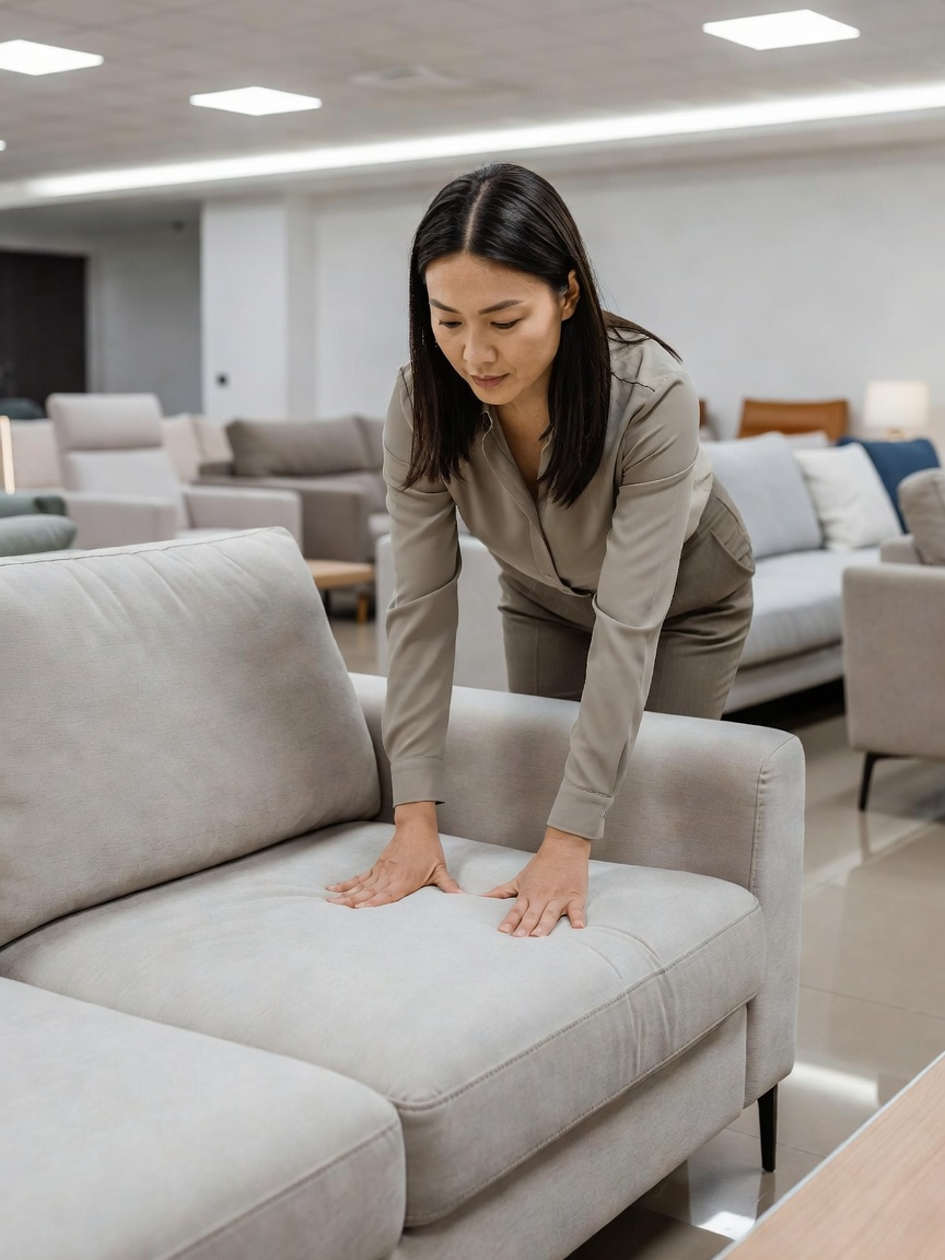 A woman sitting on a tight-back sofa and pressing the seat cushion to test its firmness